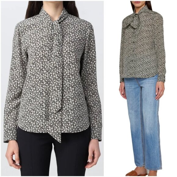 Tory Burch Silk Ditsy Boho Floral-print Bow Tie Neck Blouse Long Sleeve Top - Picture 1 of 15